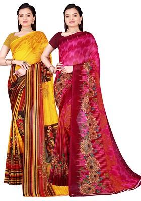 Yellow Floral Georgette Saree Set (Set Of 2)