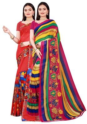Multi Embroidered Georgette Saree Set (Set Of 2)