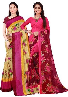 Beige Printed Georgette Saree Set (Set Of 2)