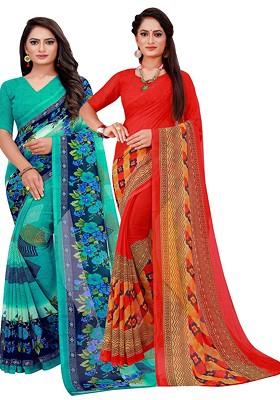 Turquoise Blue Embroidered Georgette Saree Set (Set Of 2)