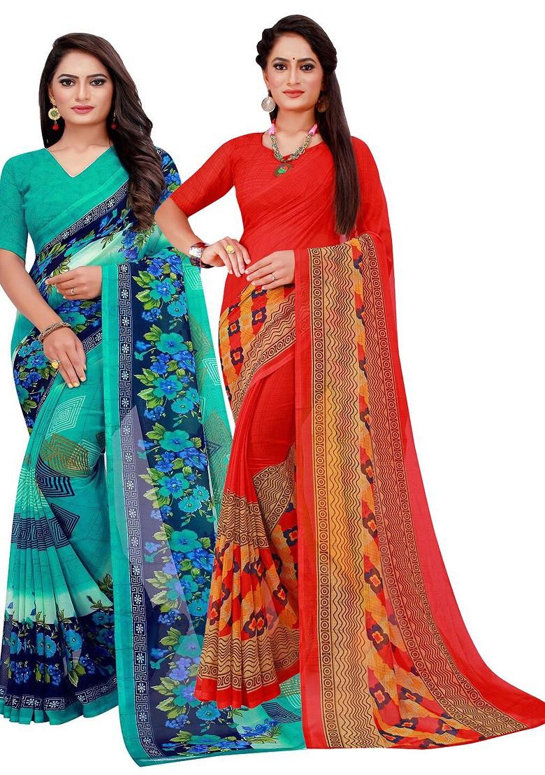 Turquoise Blue Embroidered Georgette Saree Set (Set Of 2)