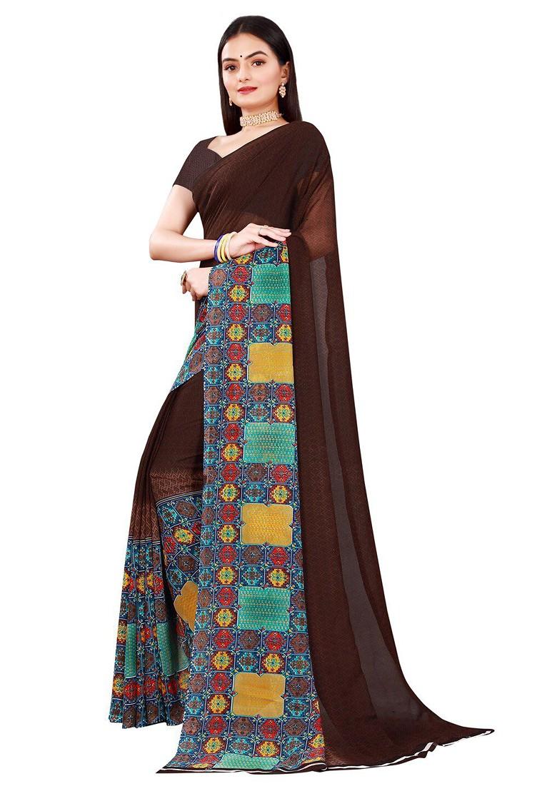 Brown Printed Georgette Saree Set