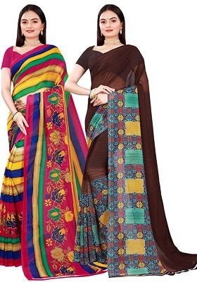 Brown Embroidered Georgette Saree Set