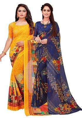 Navy Blue Floral Georgette Saree Set (Set Of 2)