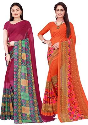 Orange Printed Georgette Saree Set (Set Of 2)