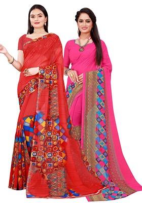 Red Embroidered Georgette Saree Set (Set Of 2)