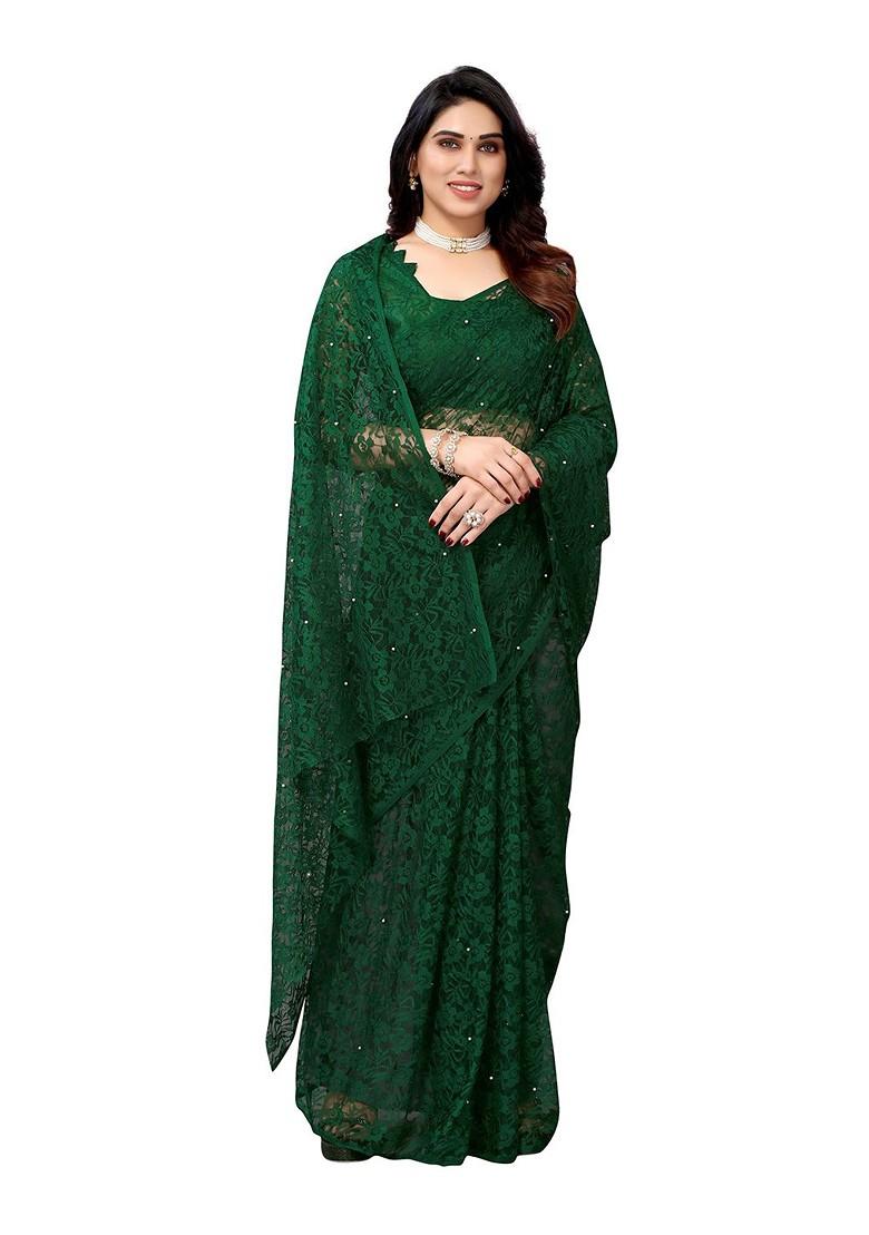Green Floral Net Saree Set