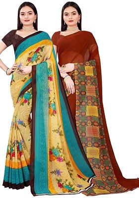 Beige Printed Georgette Saree Set (Set Of 2)