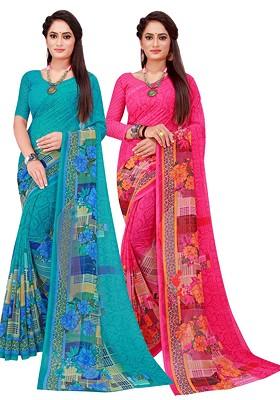 Magenta Floral Georgette Saree Set (Set Of 2)