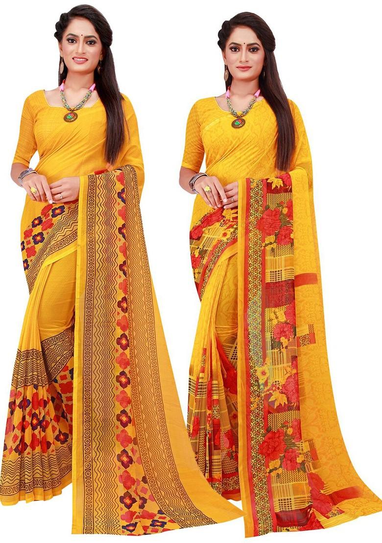 Yellow Floral Georgette Saree Set (Set Of 2)