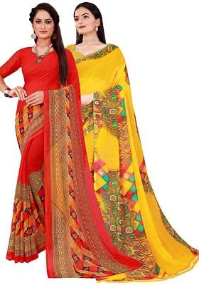 Red Printed Georgette Saree Set (Set Of 2)