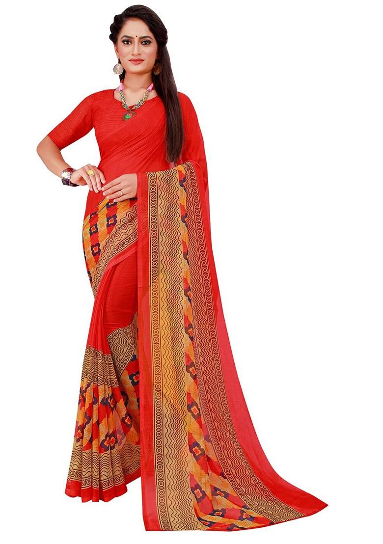 Red Printed Georgette Saree Set (Set Of 2)