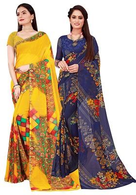 Navy Blue Geometric Print Georgette Saree Set (Set Of 2)