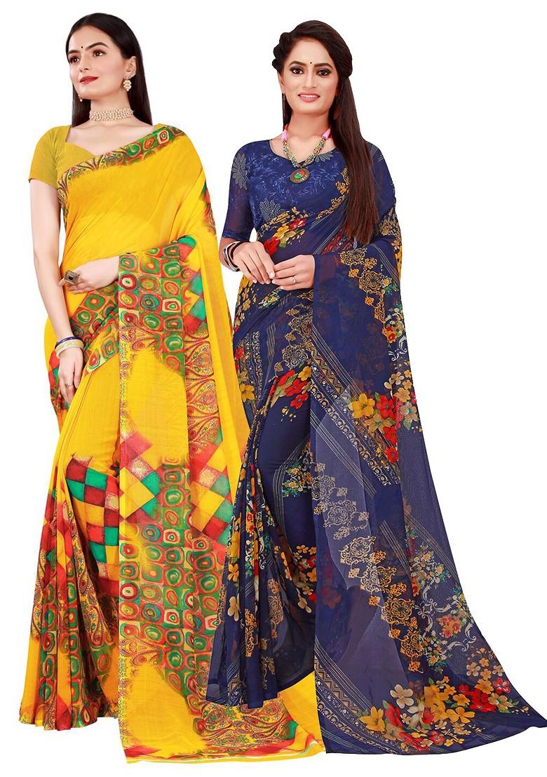 Navy Blue Geometric Print Georgette Saree Set (Set Of 2)