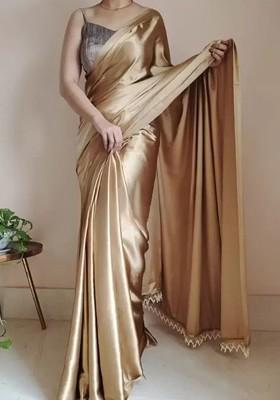 Gold Embroidered Satin Saree Set