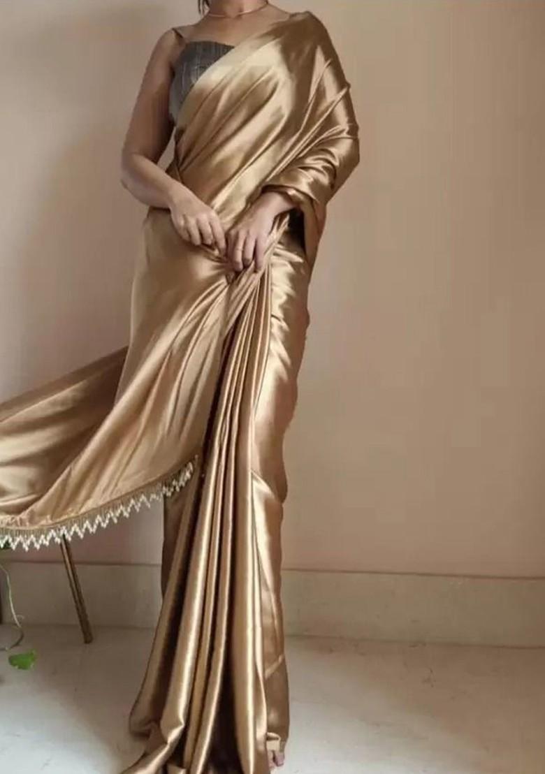 Gold Embroidered Satin Saree Set