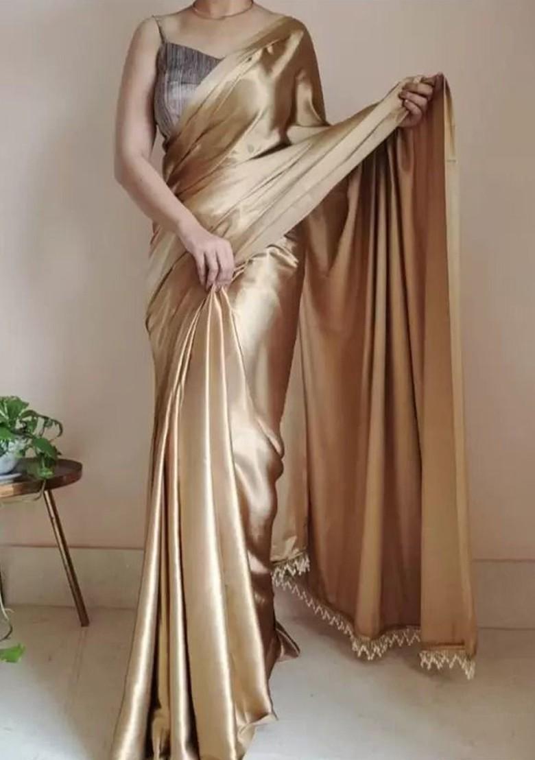 Gold Embroidered Satin Saree Set