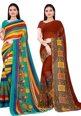 Brown Embroidered Georgette Saree Set (Set Of 2)