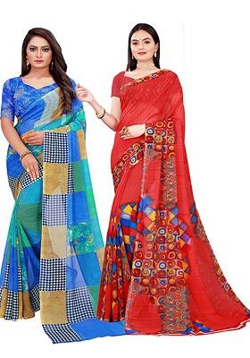 Red Printed Georgette Saree Set