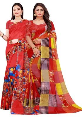 Red Printed Georgette Saree Set (Set Of 2)