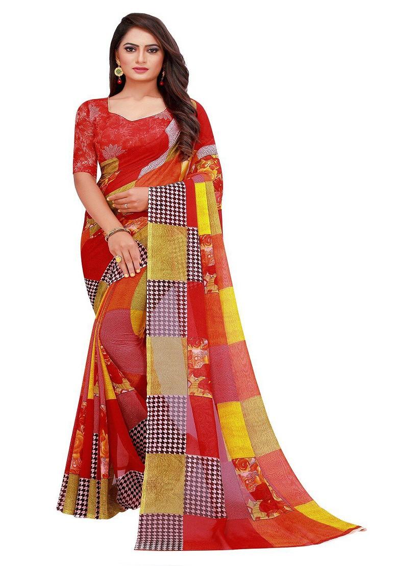 Red Printed Georgette Saree Set (Set Of 2)