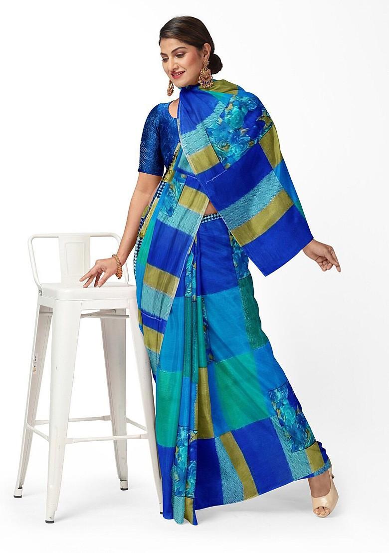 Blue Printed Georgette Saree Set