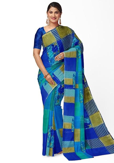 Blue Printed Georgette Saree Set