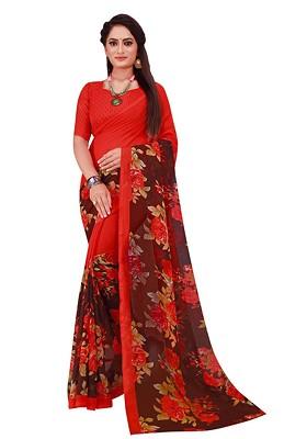 Red Floral Georgette Saree Set