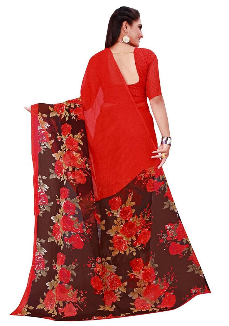 Red Floral Georgette Saree Set