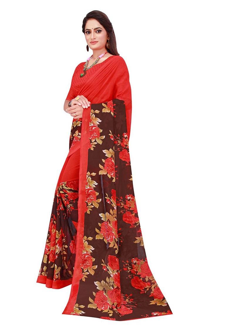 Red Floral Georgette Saree Set