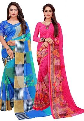 Blue Embroidered Georgette Saree Set