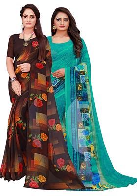 Turquoise Blue Printed Georgette Saree Set (Set Of 2)