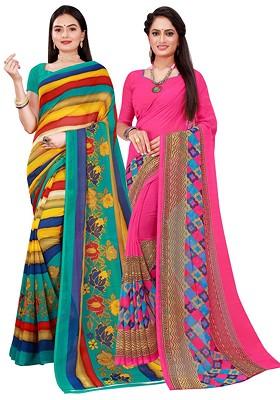 Pink Embroidered Georgette Saree Set (Set Of 2)