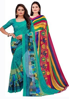 Green Floral Georgette Saree Set (Set Of 2)