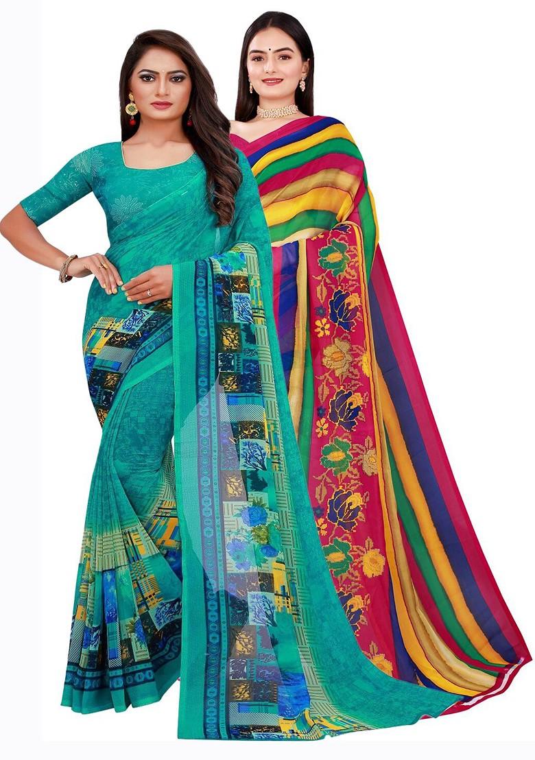 Green Floral Georgette Saree Set (Set Of 2)