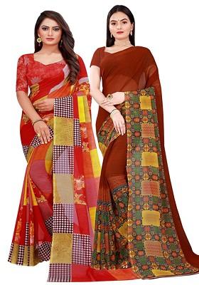 Red Floral Georgette Saree Set (Set Of 2)