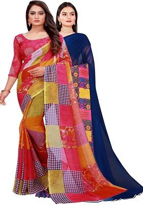 Red Embroidered Georgette Saree Set (Set Of 2)