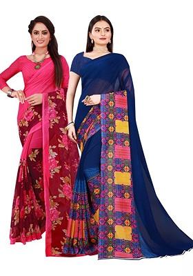 Navy Blue Embroidered Georgette Saree Set (Set Of 2)