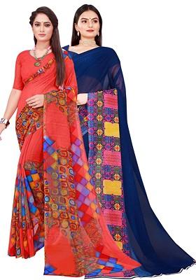 Navy Blue Embroidered Georgette Saree Set