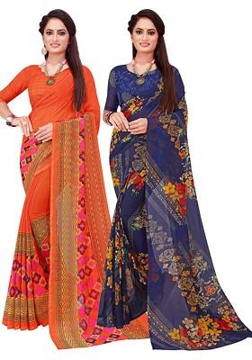 Orange Printed Georgette Saree Set (Set Of 2)