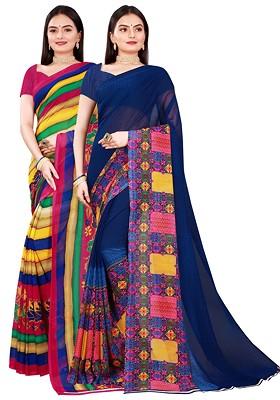 Navy Blue Embroidered Georgette Saree Set (Set Of 2)