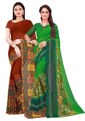 Brown Embroidered Georgette Saree Set (Set Of 2)