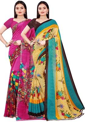 Beige Floral Georgette Saree Set (Set Of 2)