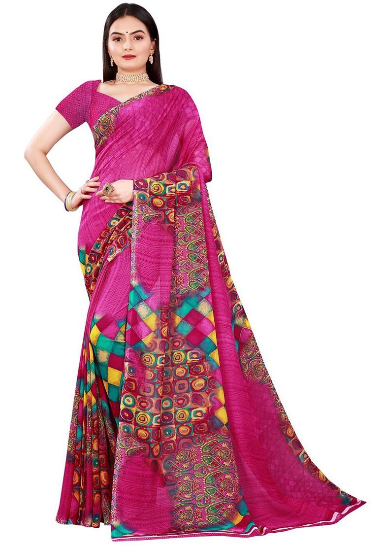 Beige Floral Georgette Saree Set (Set Of 2)