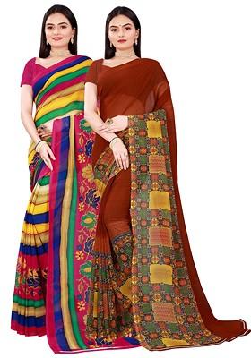 Brown Embroidered Georgette Saree Set (Set Of 2)