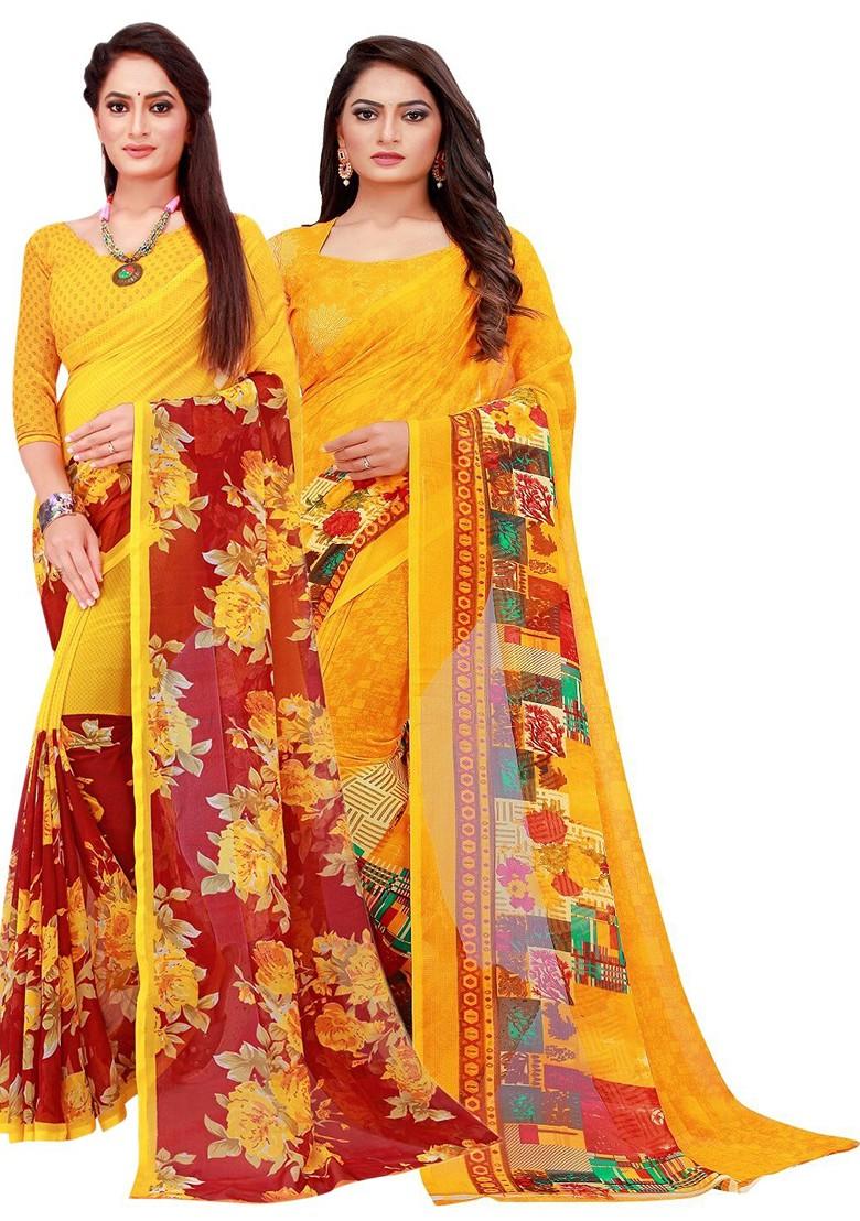 Yellow Floral Georgette Saree Set (Set Of 2)