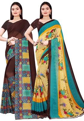 Beige Floral Georgette Saree Set (Set Of 2)