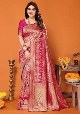 Pink woven Silk Saree Set