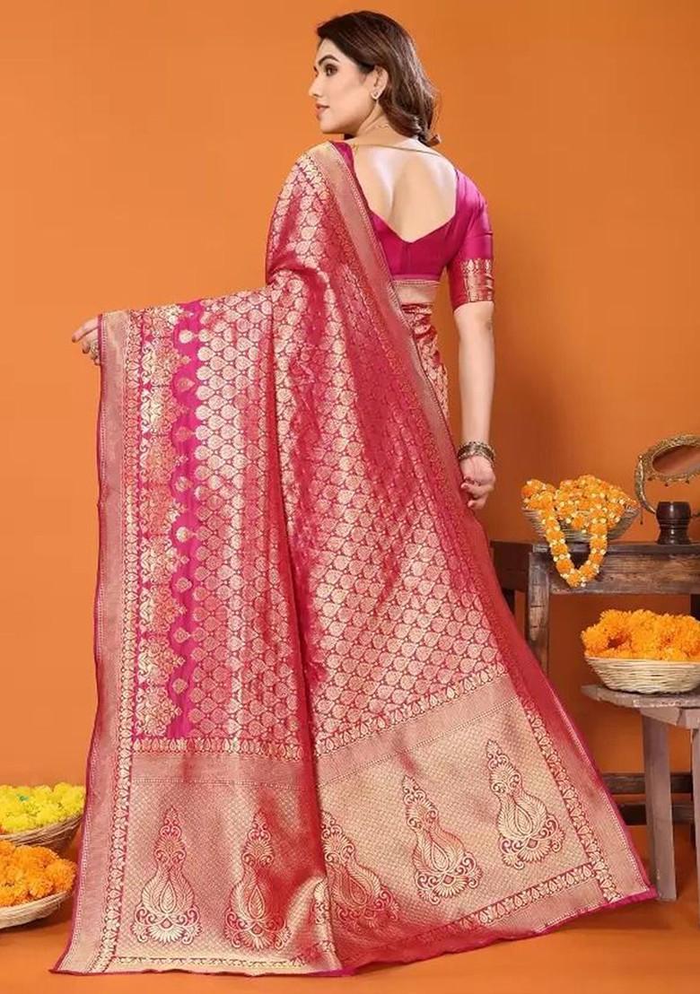 Pink woven Silk Saree Set