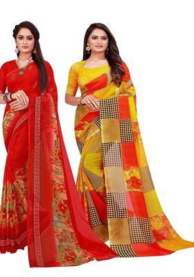 Red Printed Georgette Saree Set (Set Of 2)